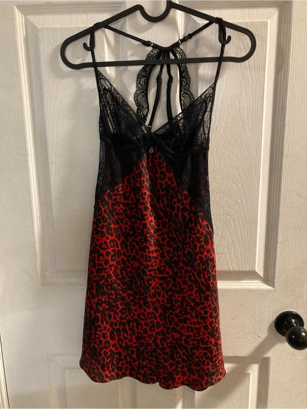 La Vie En Rose Red Leopard Satin Chemise with Black Lace